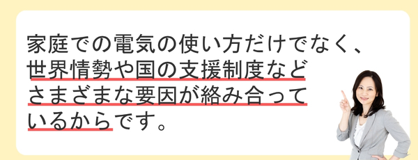 家庭での電気の使い方だけでなく、世界情勢や国の支援制度などさまざまな要因が絡み合っているからです。