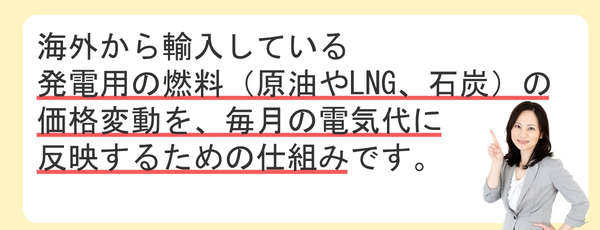 海外から輸入している発電用の燃料(原油やLNG、石炭)の価格変動を、毎月の電気代に反映するための仕組みです。