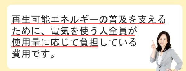 再生可能エネルギーの普及を支えるために、電気を使う人全員が使用量に応じて負担している費用です。
