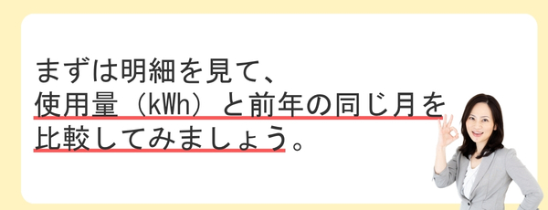 まずは明細を見て、使用量(kWh)と前年の同じ月を比較してみましょう。