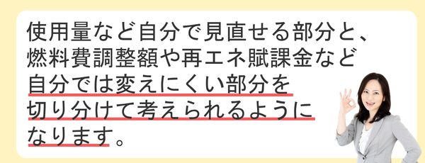 使用量など自分で見直せる部分と、燃料費調整額や再エネ賦課金など自分では変えにくい部分を切り分けて考えられるようになります。